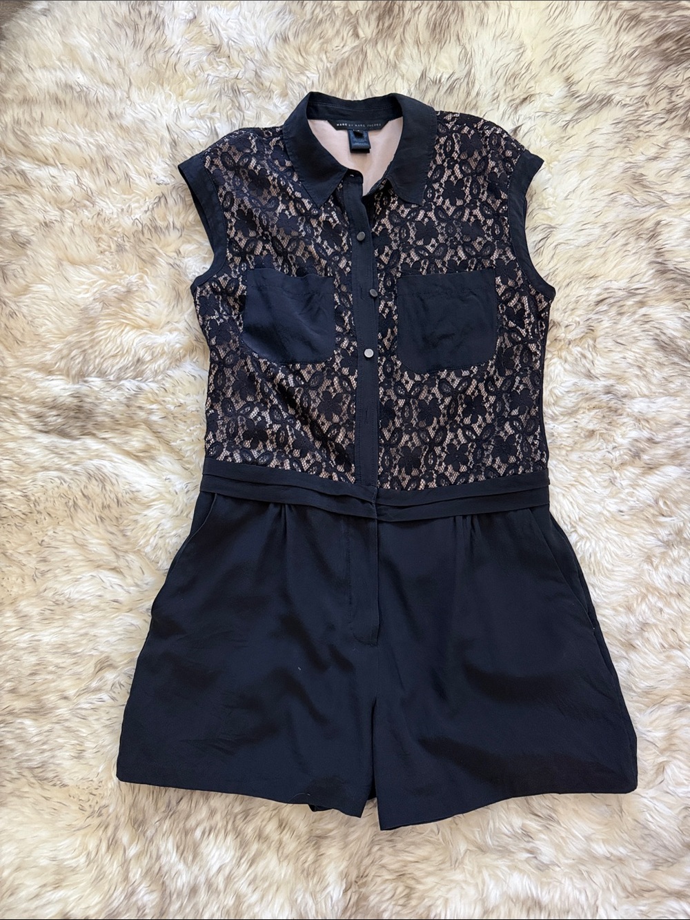 Marc by Marc Jacobs Black Lace-Front Sleeveless Romper with Collar